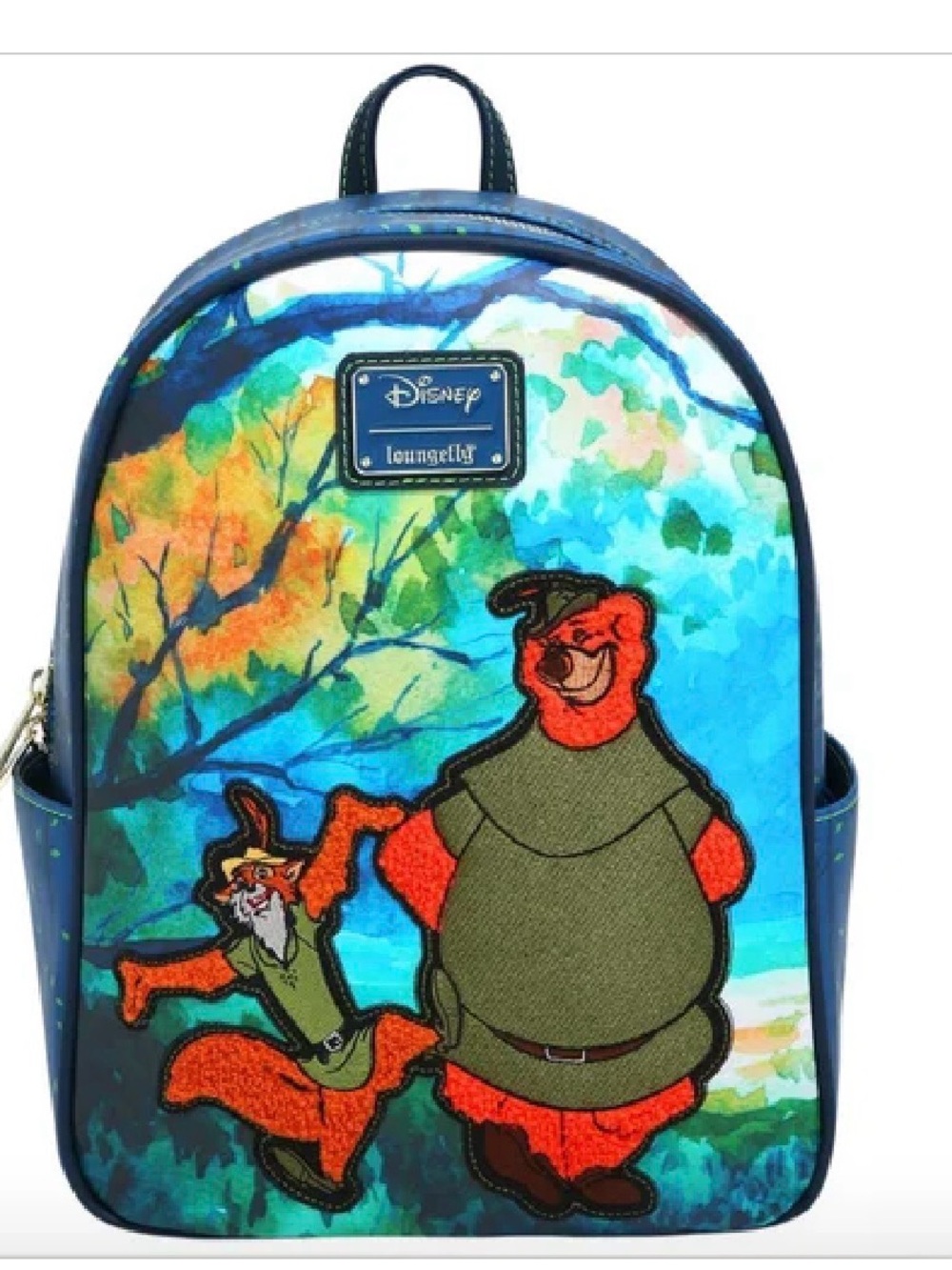 Loungefly Blue Robin Hood Bear Kids Backpack with Multicolor Forest Art